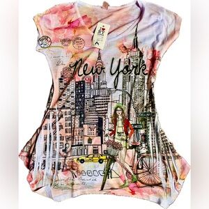 New York NYC Graphic Women's Top Multicolor MEDIUM NWT! Sparkly rhinestones!